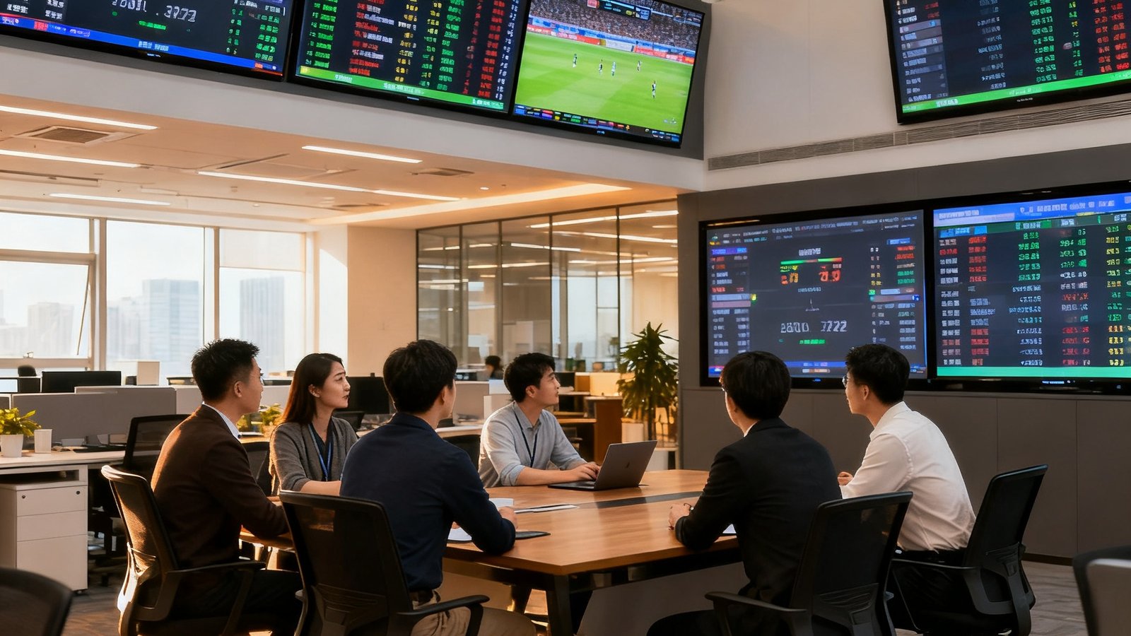 比分预测平台北京办公室团队合影，开放办公区背景中设有多块数据监控大屏幕显示实时比赛数据，团队成员围坐在会议桌旁讨论数据分析结果，氛围专注而融洽
